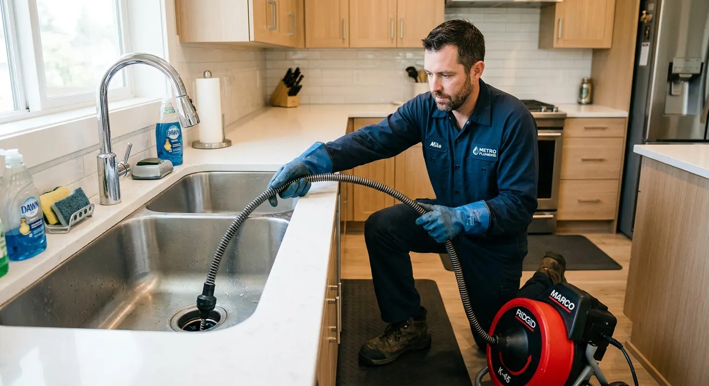 Drain cleaning technician using a motorized snake on a kitchen sink in Moreau