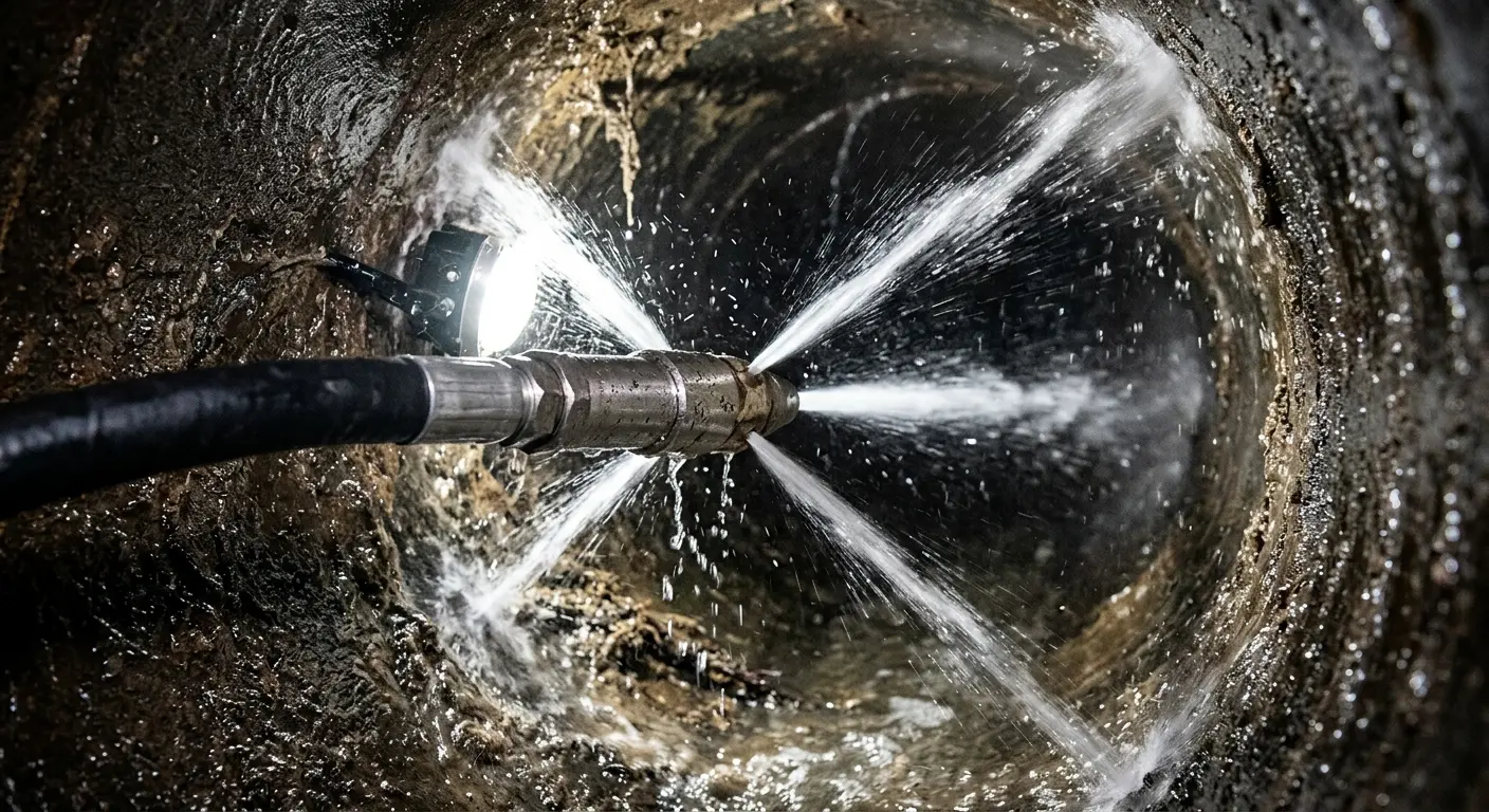 High-pressure hydro jetting nozzle cleaning sewer pipe for Trenchless Sewer Repair in Moreau