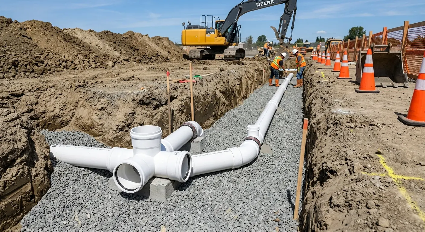 New PVC sewer pipe installation in open trench for Grease Trap Cleaning in Moreau
