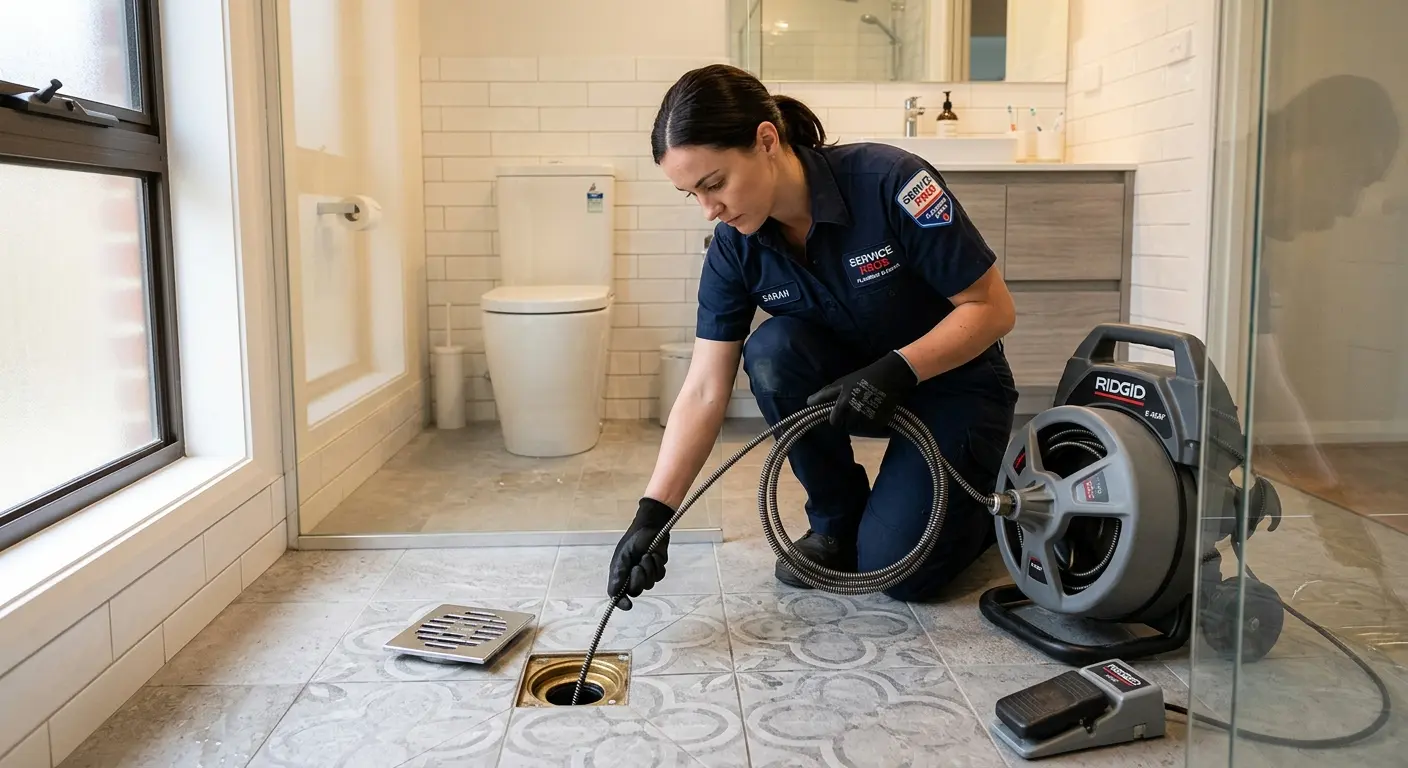 Technician clearing a bathroom floor drain for Drain Repair in Moreau